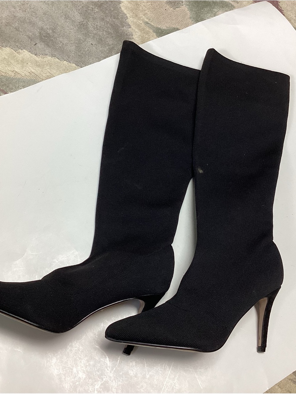 CATHERINE MALANDRINO Delchy Size 7.5 Pointed Toe Black Knit Sock Boots Heels
